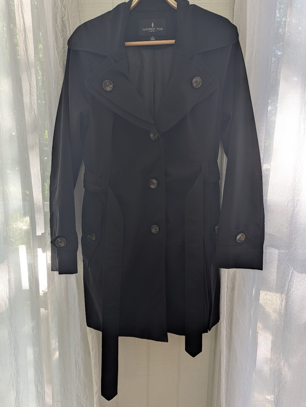 London Fog Black Trench Coat - Women's Hooded Raincoat, Size L